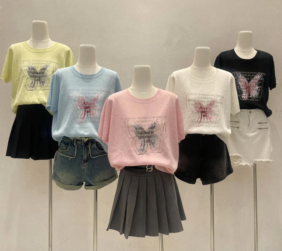 竹节麻蝴蝶印花薄款短袖t恤女2025夏季新款洋气高端别致小衫