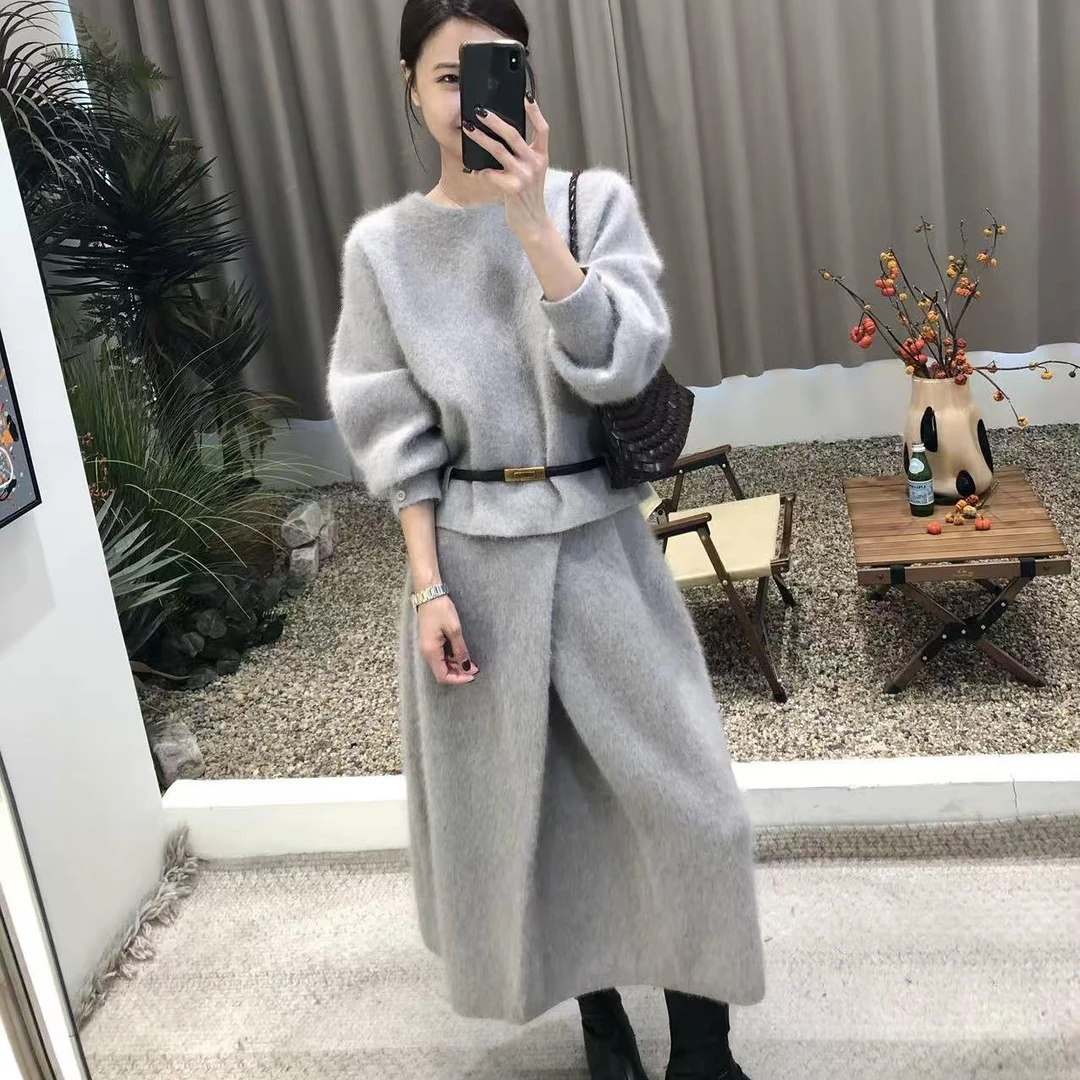“云柔坠梦”蓬松绵羊毛拉毛毛衣+高级感紧腰半裙套装女（不含腰带）