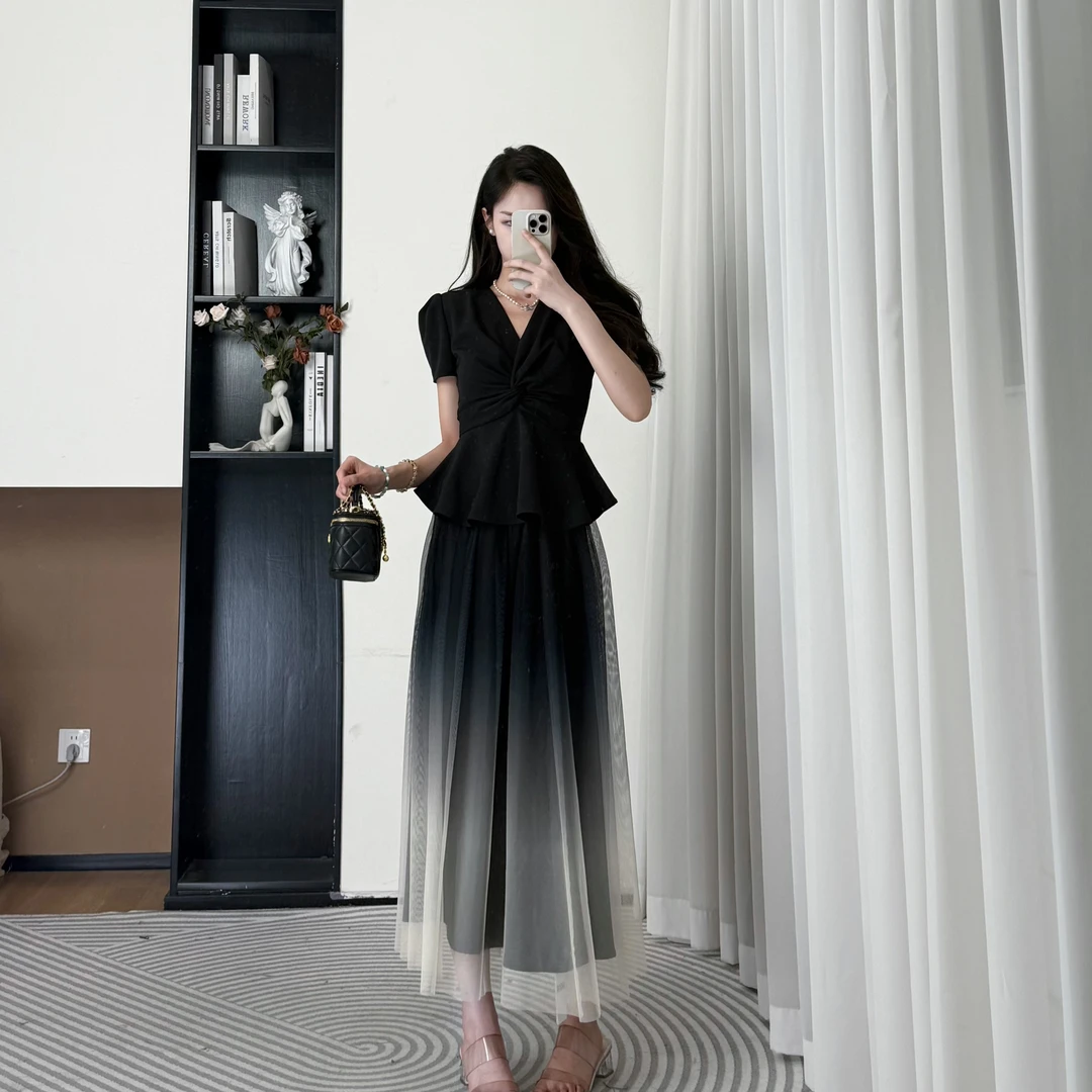 拉夏贝尔/25夏季新款法式时尚气质百搭短袖上衣+半身裙 10411 LSC