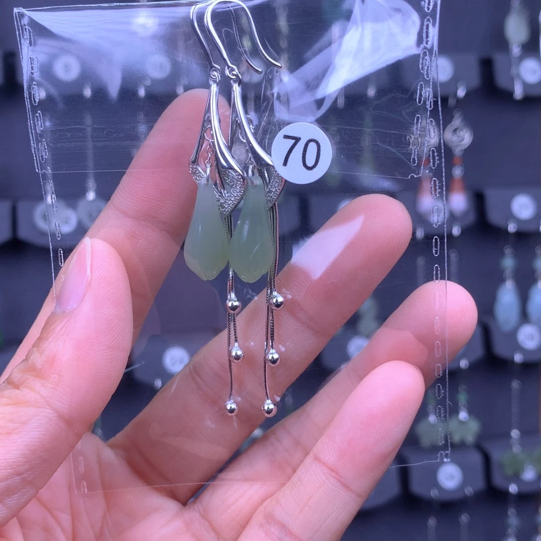 和田玉耳饰银S925镶嵌来****莲