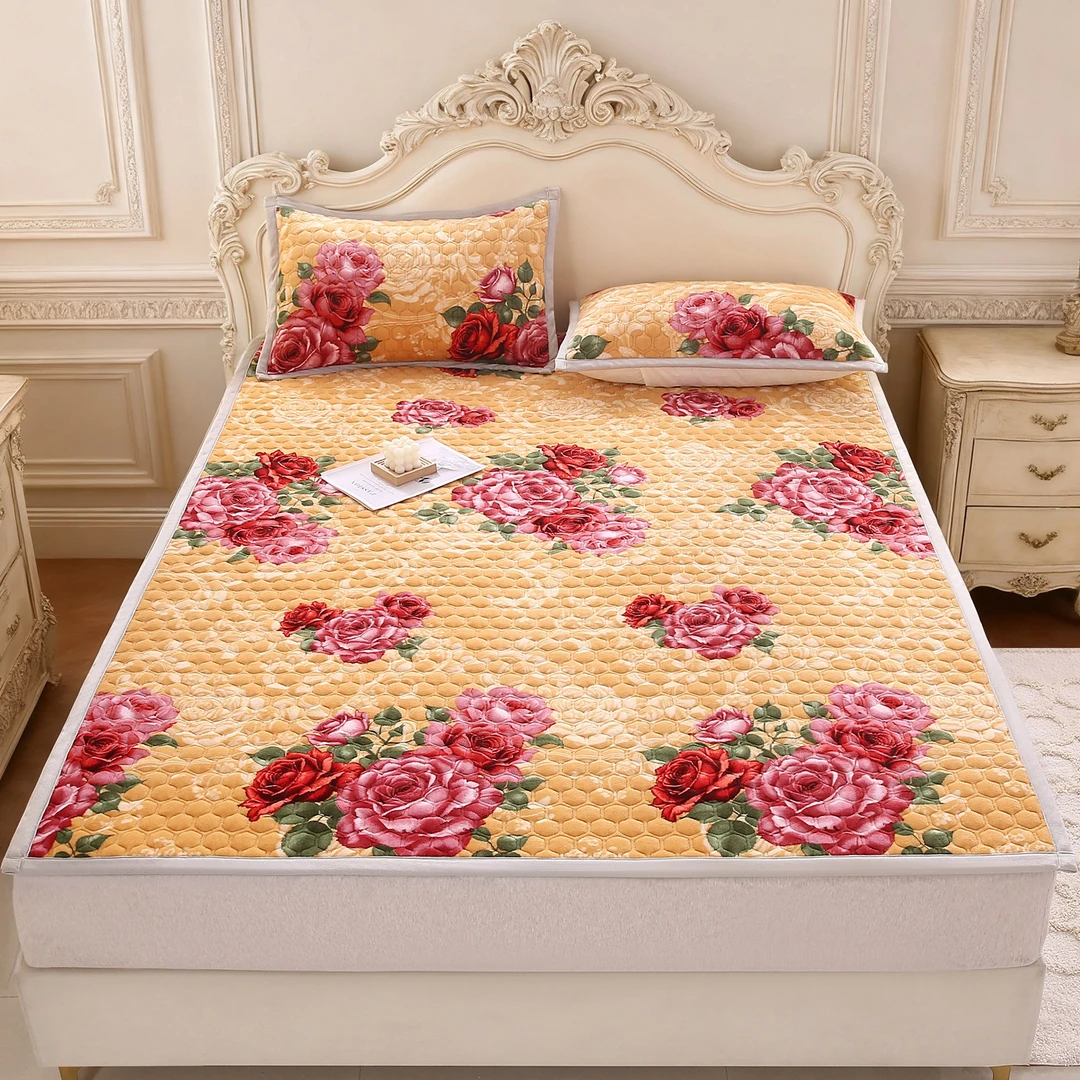 印花牛奶绒夹棉加厚床褥床盖w