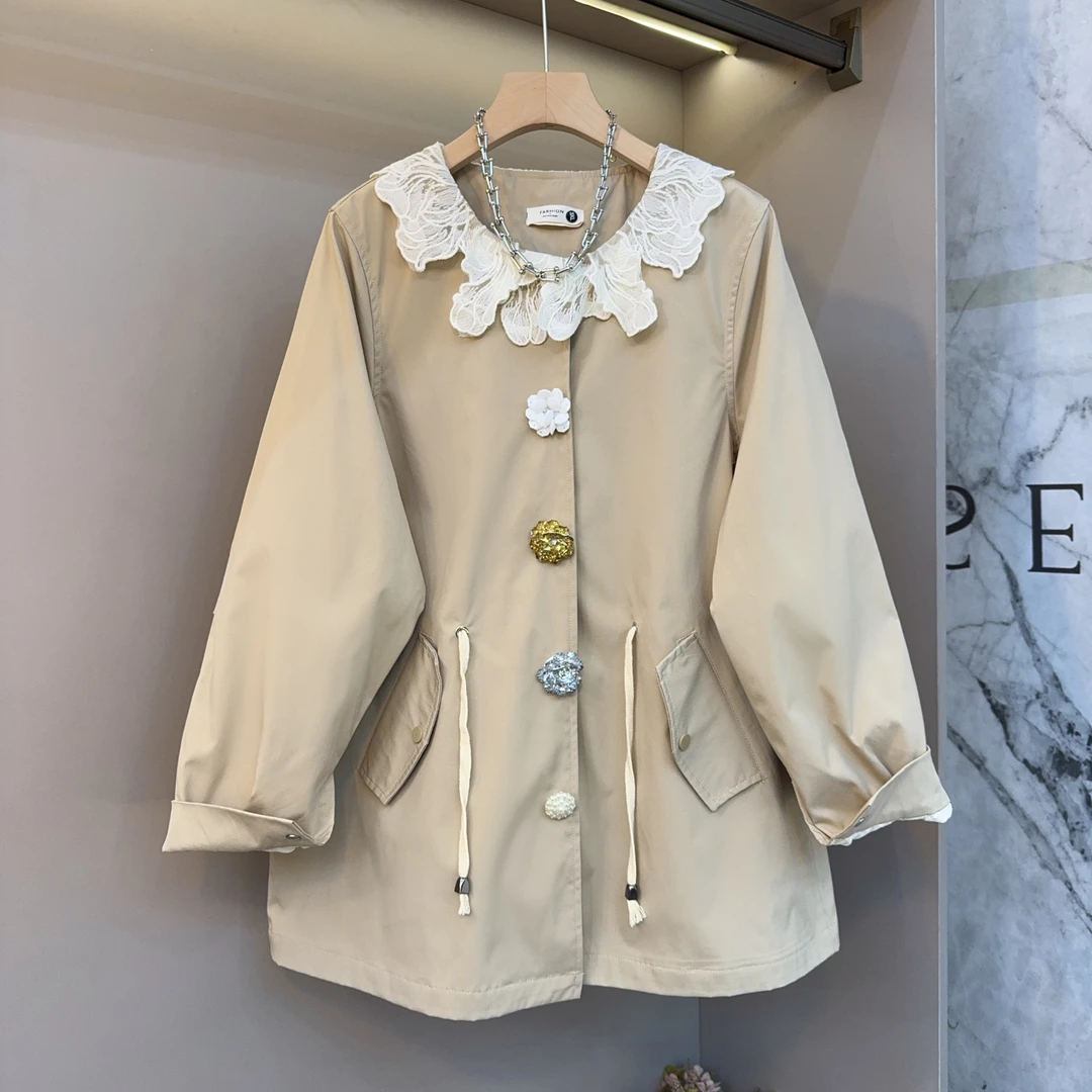 2025春季新款蕾丝领珠片花朵纽扣装饰甜美减龄显瘦抽绳上衣外套
