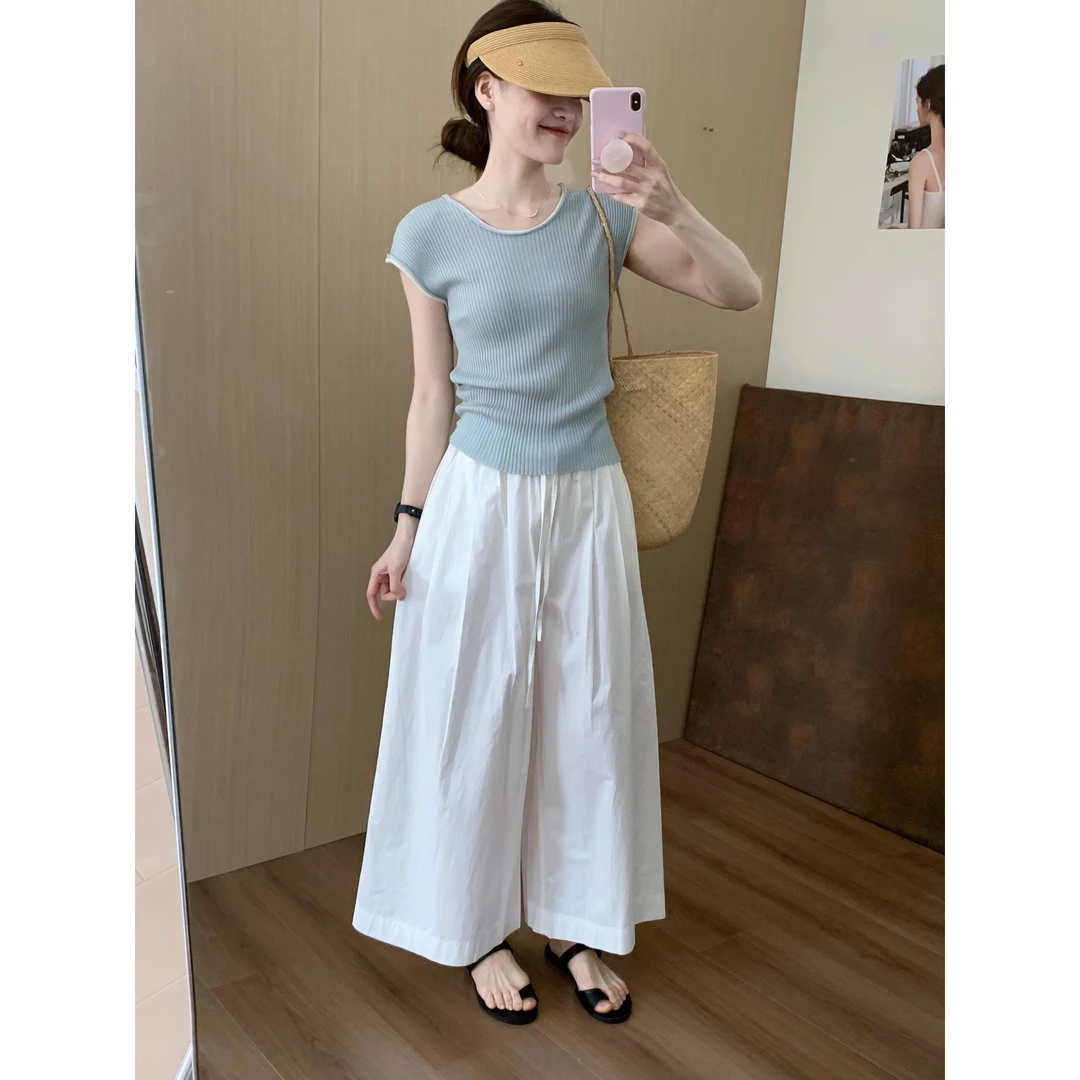 蓝色针织衫T恤女2025夏季新款小众设计感气质小众上衣裤子套装女