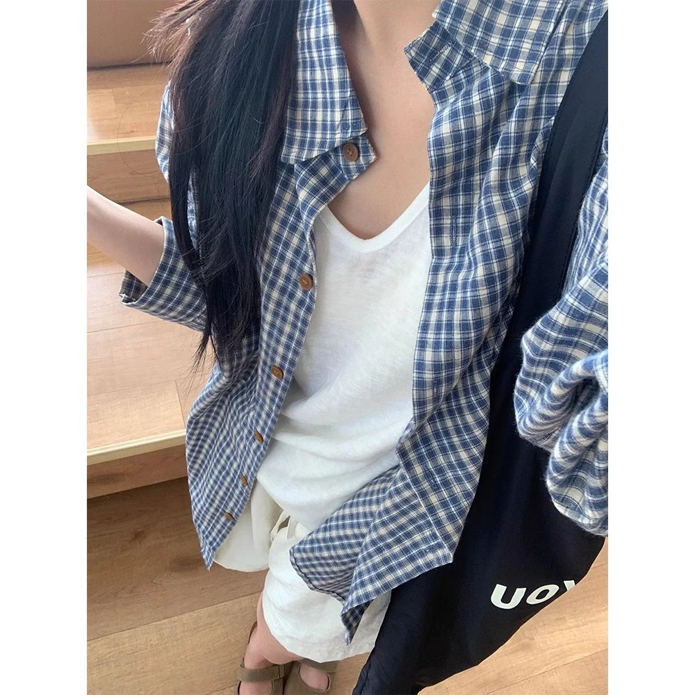 日系复古蓝色格子衬衫女2025新款时尚休闲宽松衬衣外套百搭上衣潮