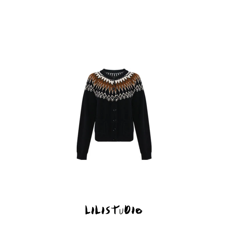 「失眠揉碎」不理理冬季新款女装费尔岛纯毛提花圆领针织上衣女开衫