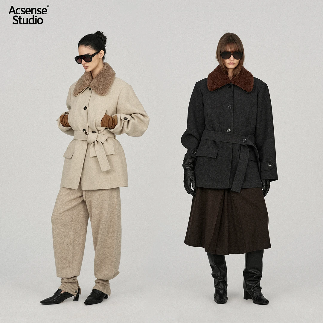 ACSENSE STUDIO 宽松撞色可拆毛领直肩羊毛大衣外套