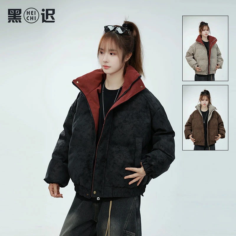 黑迟冬季加厚棉服男情侣百搭保暖棉衣美式潮牌大码拼色外套