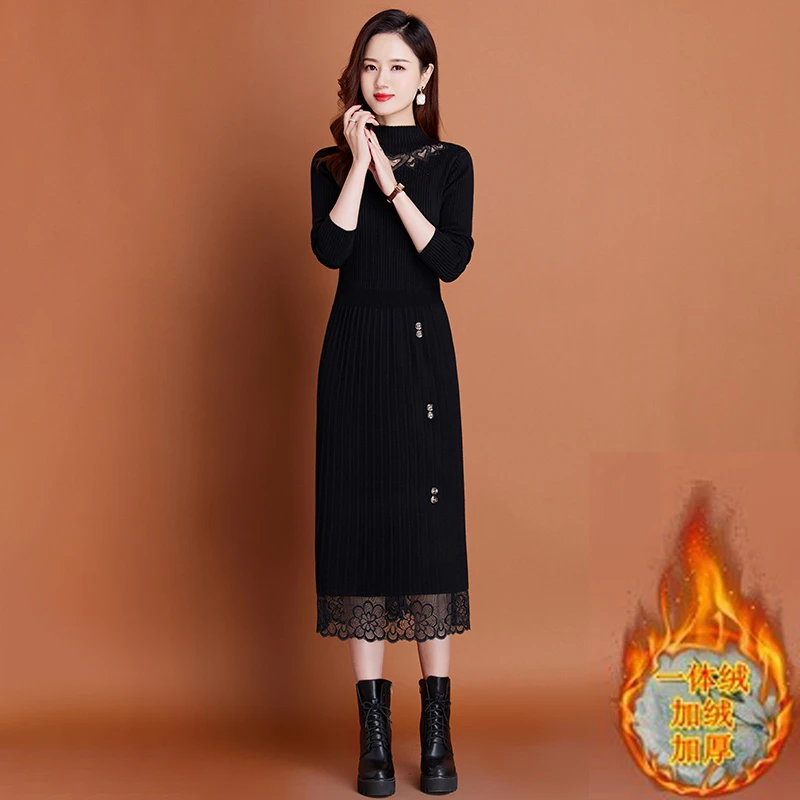 加绒加厚毛衣裙女秋冬配大衣的针织连衣裙中长款一体绒内搭打底裙