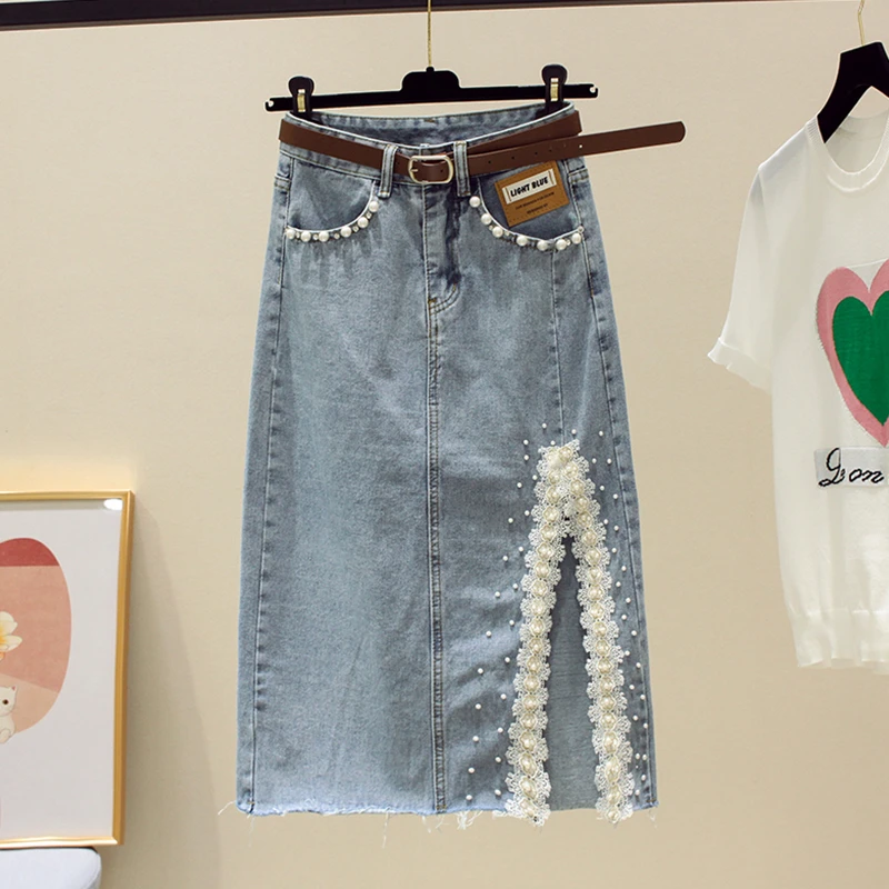 2025夏季新款高腰显瘦半身裙女开叉设计中长款松紧腰包臀牛仔裙