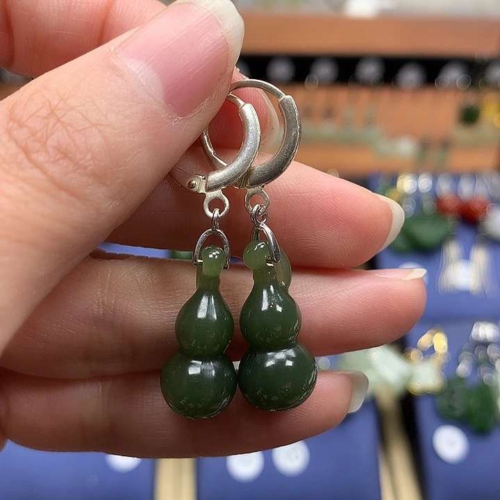 和田玉银S925镶嵌耳饰葫芦21.7左右湖水绿卡扣
