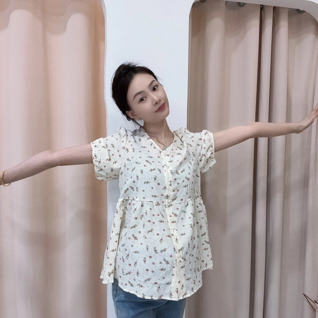 25夏薄款孕妇装碎花开襟V领短袖T恤宽松休闲上衣hh12327