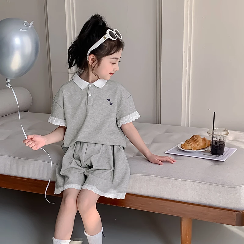 女童夏装运动套装2025新款夏季学院风POLO衫短袖上衣短裤Q0797
