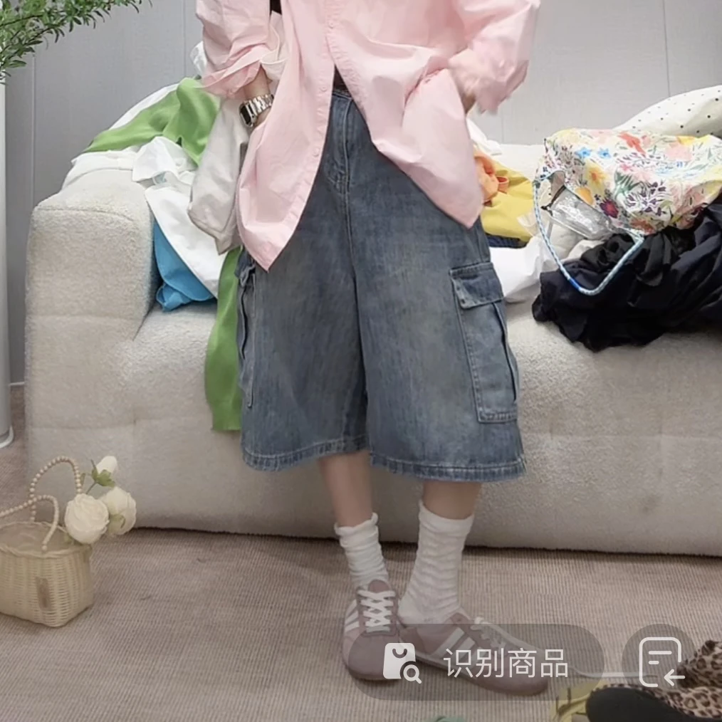 半颗牛油果～夏季新款牛仔五分裤做旧色多口袋宽松阔腿裤显瘦中裤