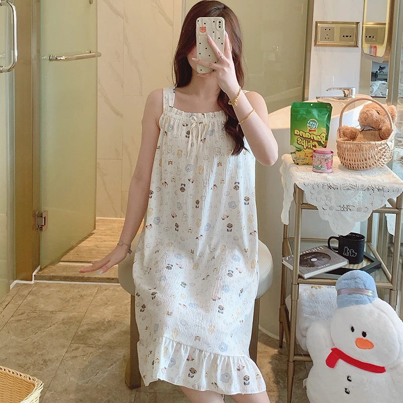 吊带睡裙夏季学生甜美爱心可爱卡通荷叶边睡衣女小清新休闲家居服