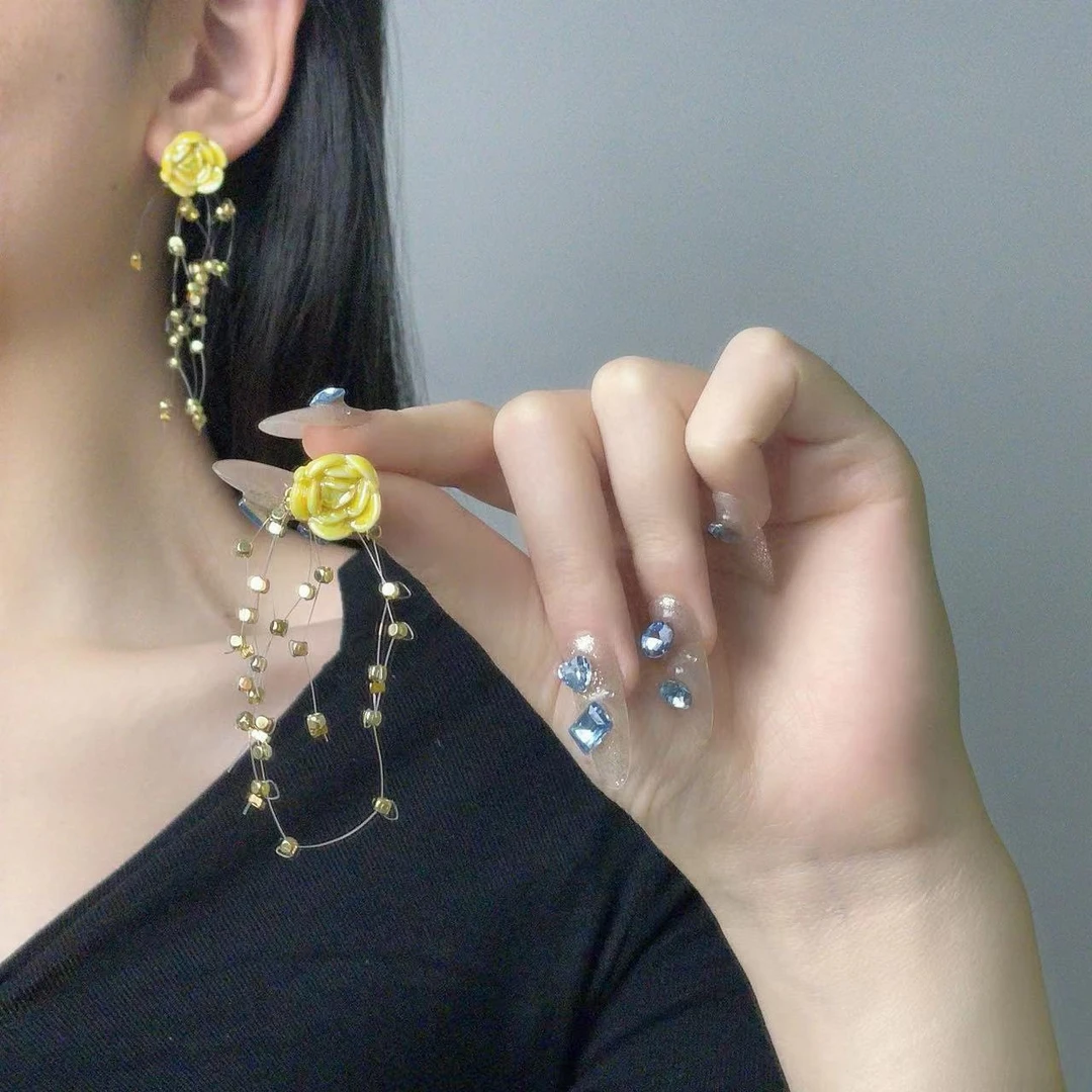 铜合金锆石耳饰 甜美少女感花朵流苏耳环时尚优雅淑女气质小众耳