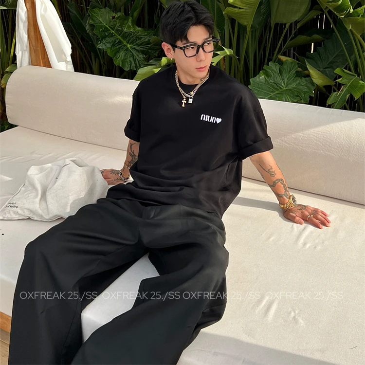 OXFREAK「niu风 爱心印花」300g纯棉重磅短袖t恤男宽松情侣装半袖