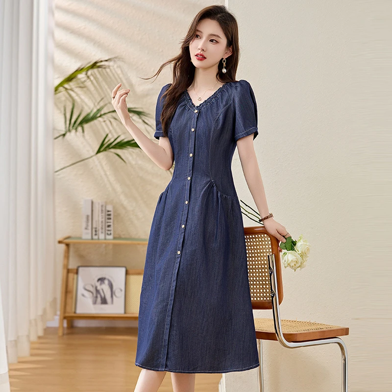 复古气质领时尚连衣裙女夏季新款收腰显瘦牛仔长裙