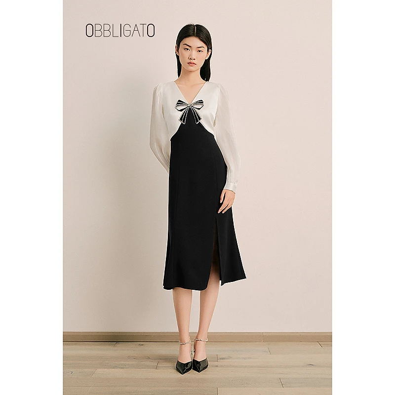 OBBLIGATO奥丽嘉朵1C65105060专选2025春季新品珠钻假两件连衣裙
