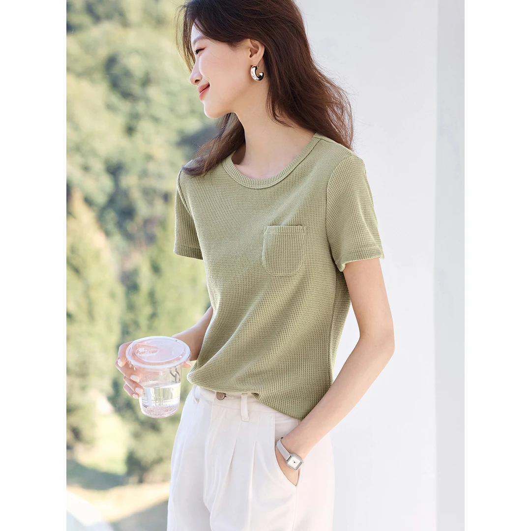 沫晗依美2025夏新款通勤简约休闲百搭圆领华夫格显瘦短袖T恤5878