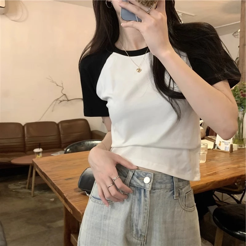 多巴胺棉夏装插肩短袖t恤女2025年夏季撞色宽松显瘦休闲上衣