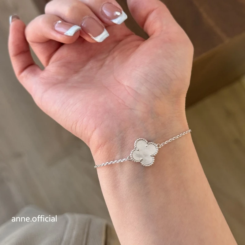 铜合金手链 大号白贝单花四叶草简约银色手链【S327】