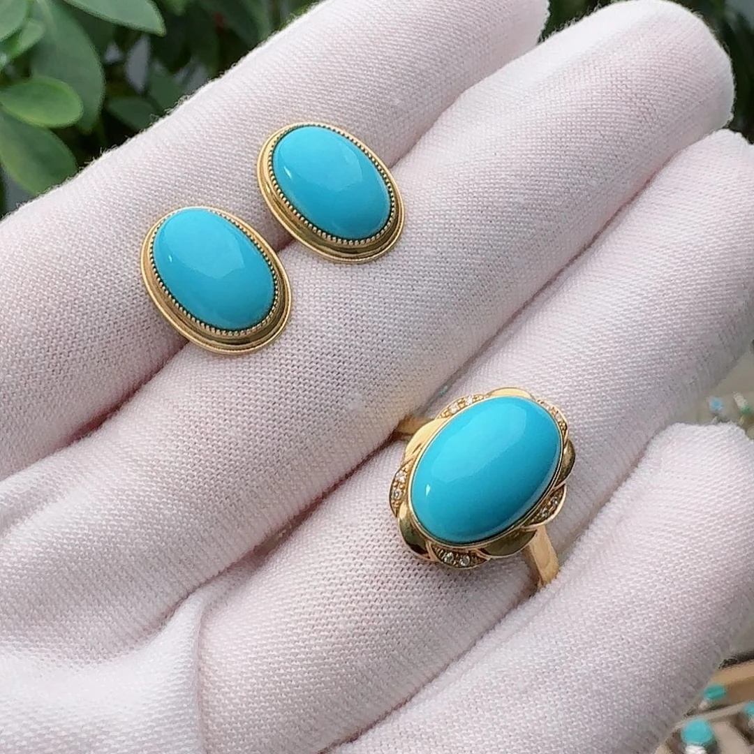 绿松石18K金镶嵌戒指戒指耳钉套装