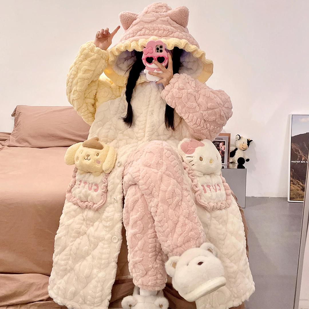 三层夹棉睡袍秋冬季睡衣女款爆款2025新款加厚加绒款珊瑚绒家居服