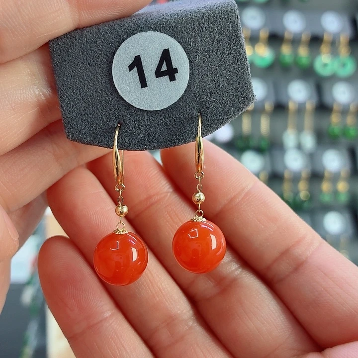 南红玛瑙18K金镶嵌耳饰