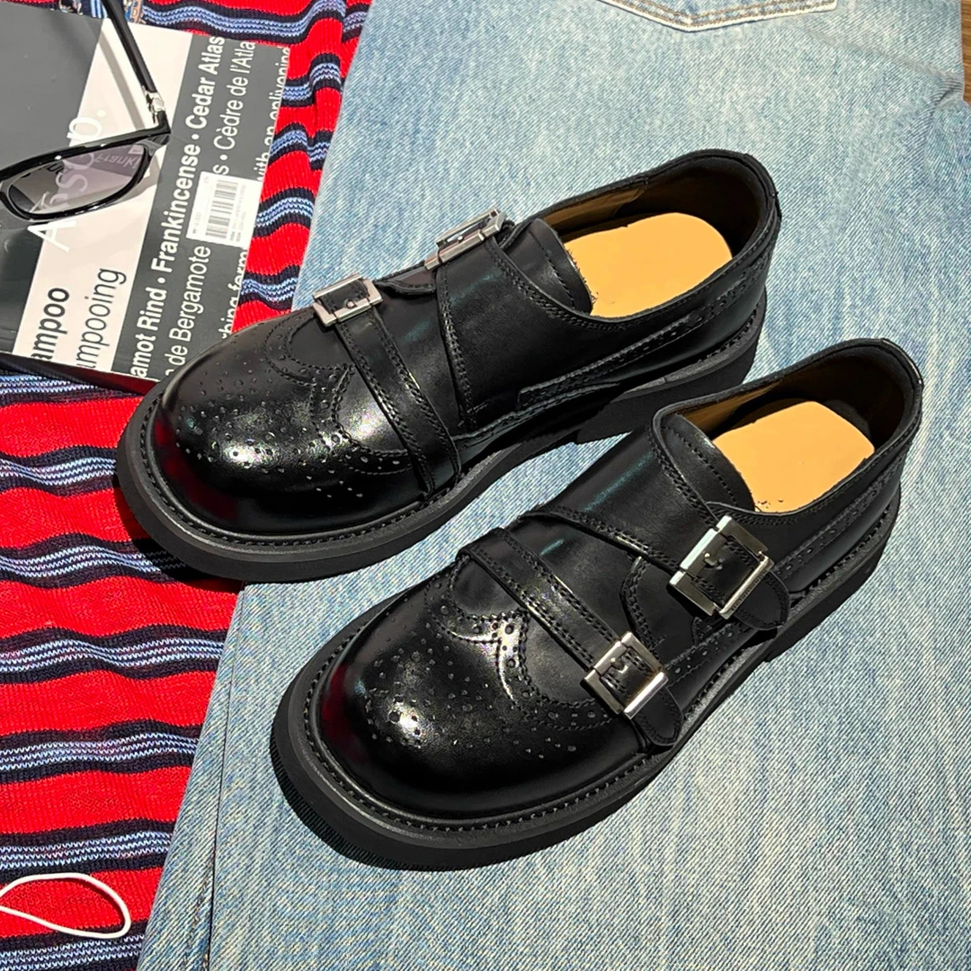 2025新款胎牛皮布洛克金属扣雕花英伦风乐福鞋单鞋百搭时髦女鞋