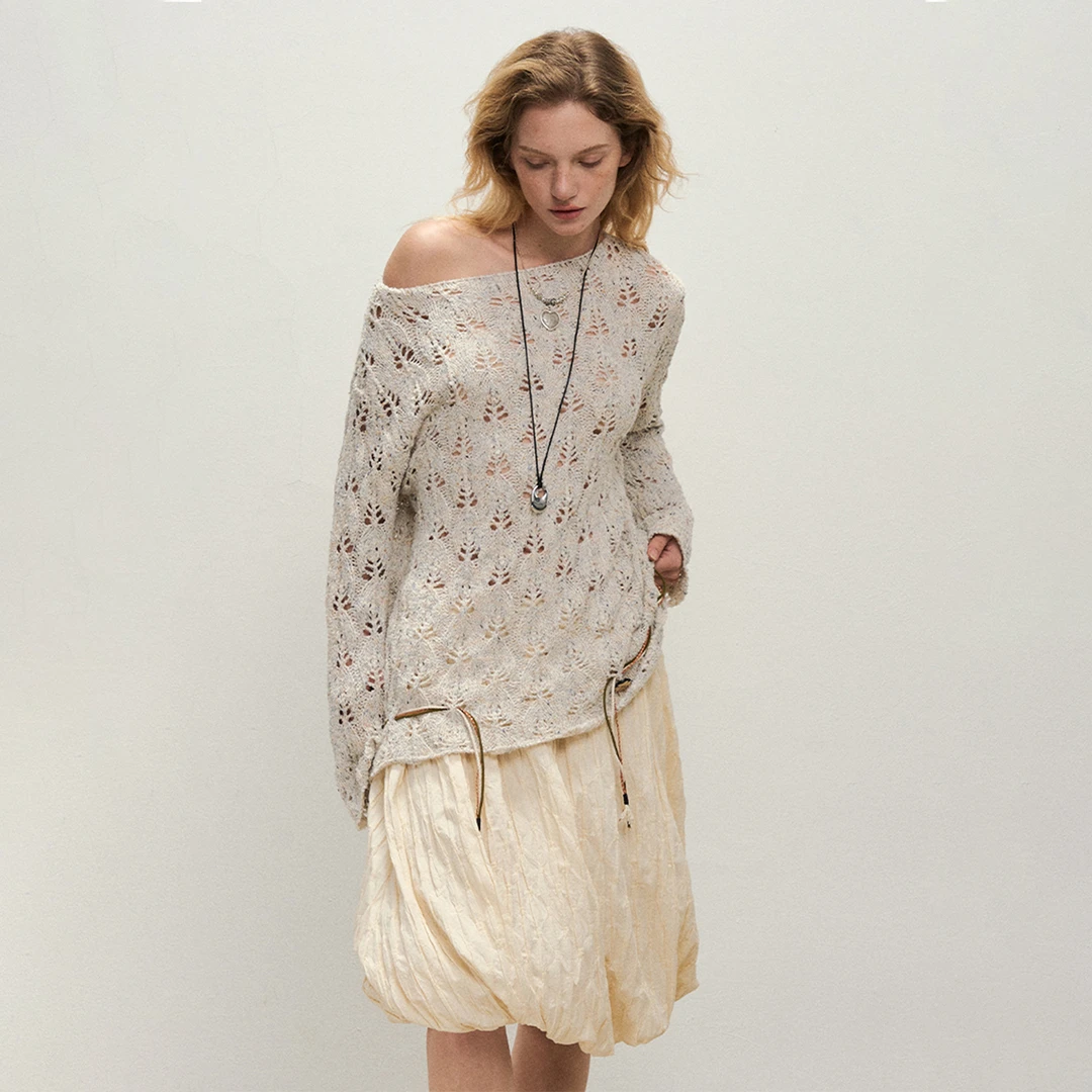 Gemini买手店Dpercent杏色镂空下摆可收腰镂空针织毛衣2025新款