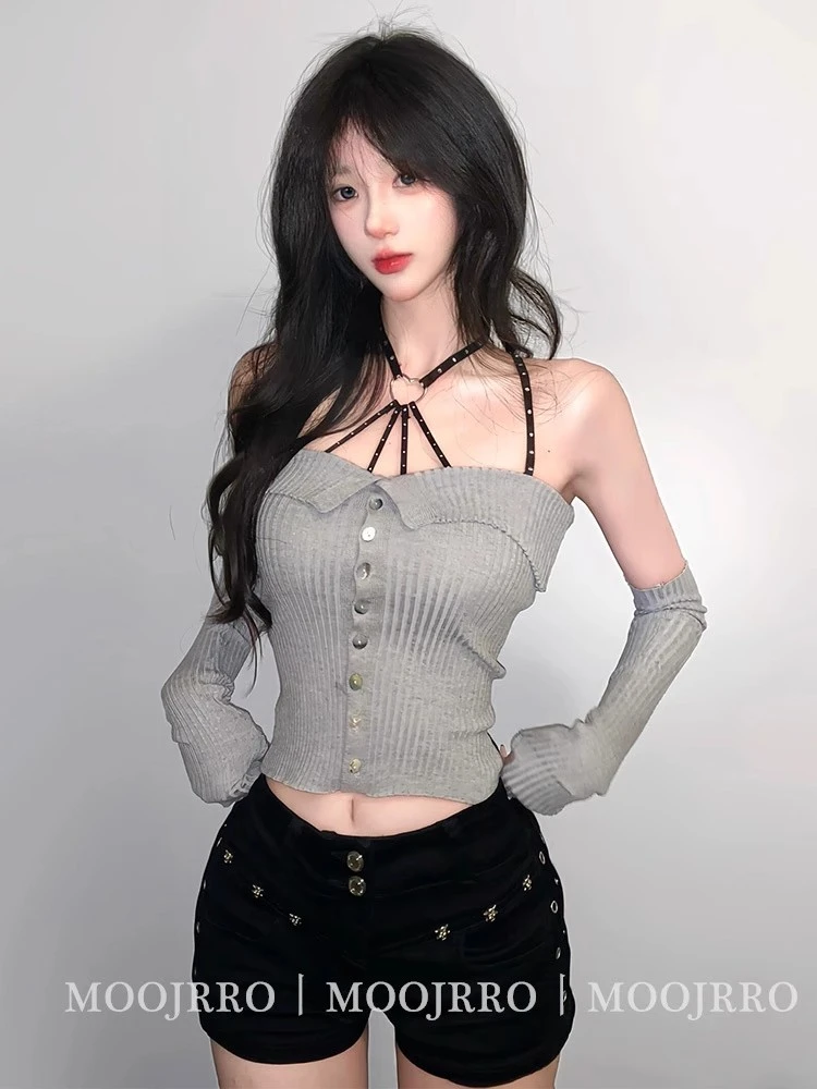 灰色袖套针织衫女夏外穿纯欲风紧身性感辣妹显瘦短款抹胸背心上衣