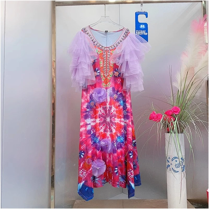 HH4889欧美风设计师2024夏季新款钉钻立体花朵拼纱袖时尚连衣裙女