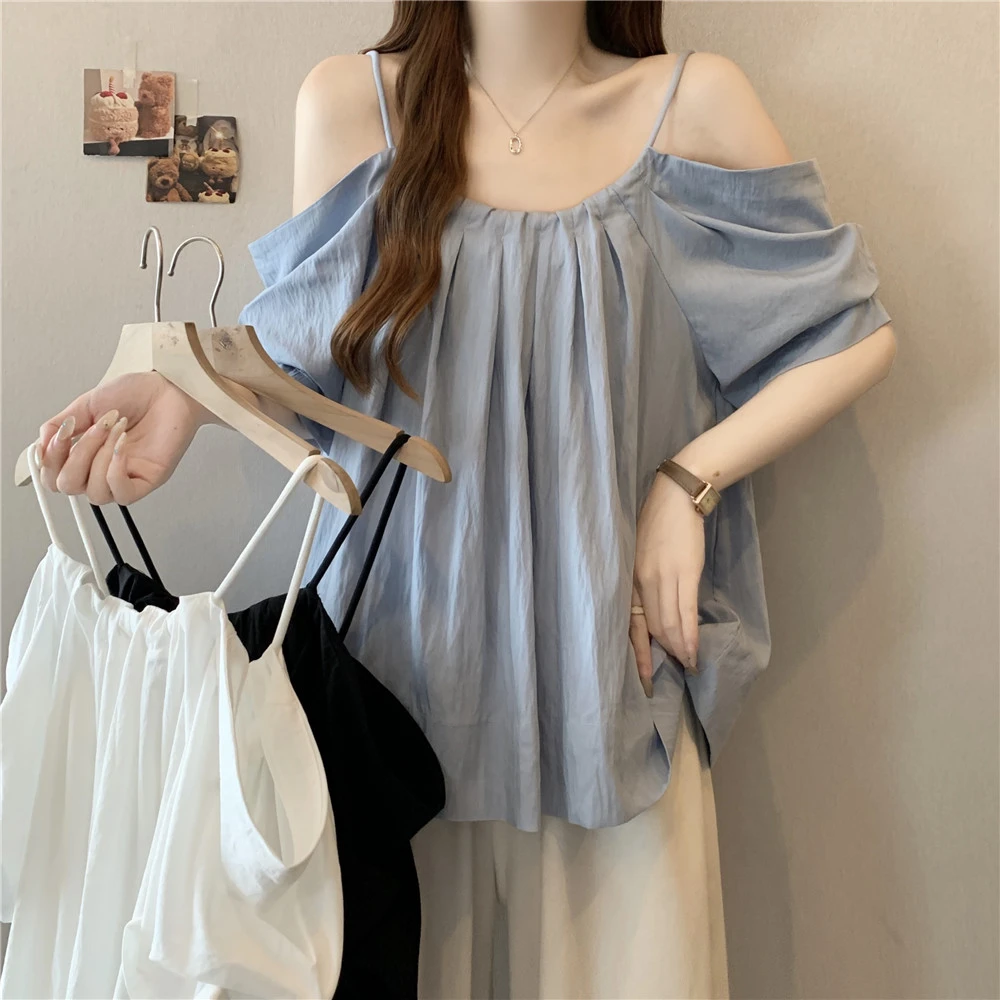 时尚气质抽绳吊带一字肩短袖衬衫女夏季减龄百搭上衣