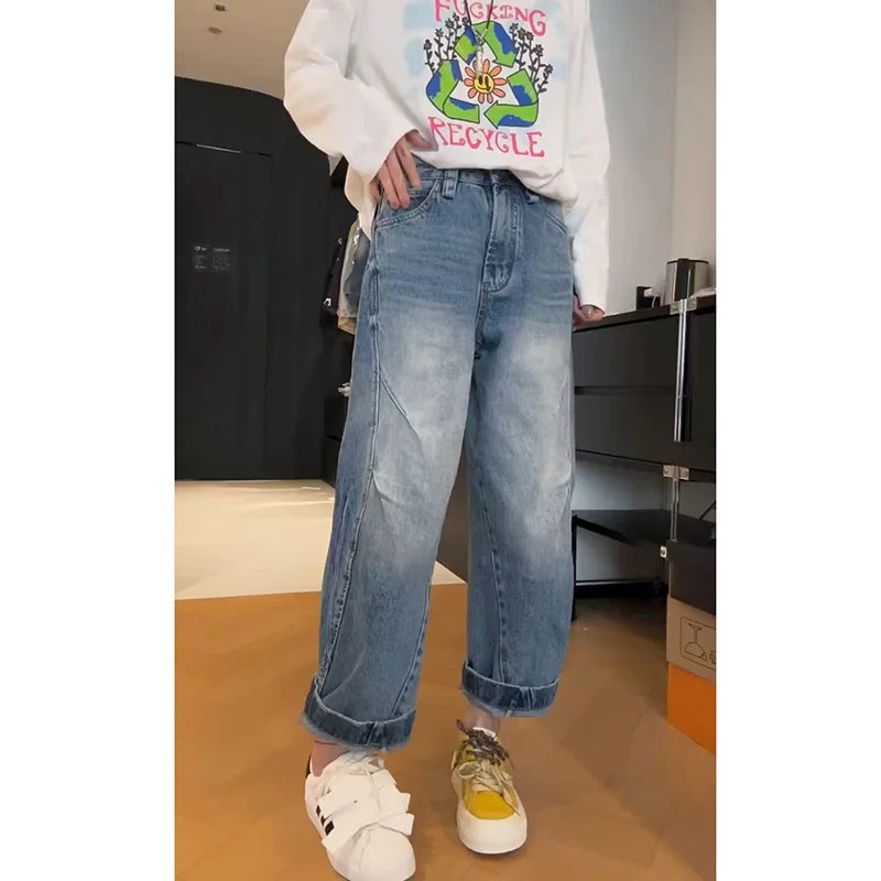 宽松直筒牛仔裤女款爆款2025春季新款大码显瘦烟管裤八九分阔腿裤