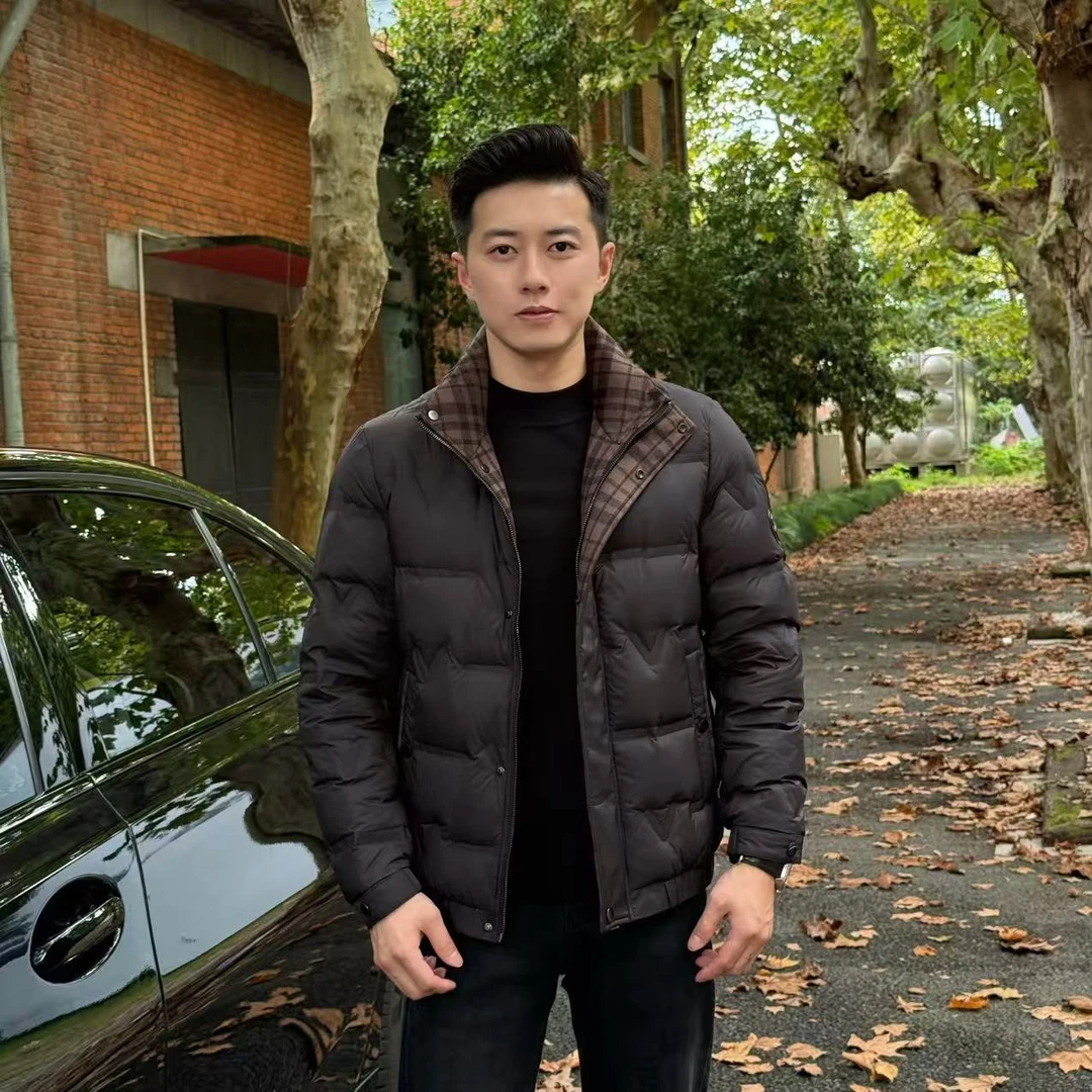 小杰/L-jie男士冬季气质拼格保暖大翻领羽绒夹克外套（0001）