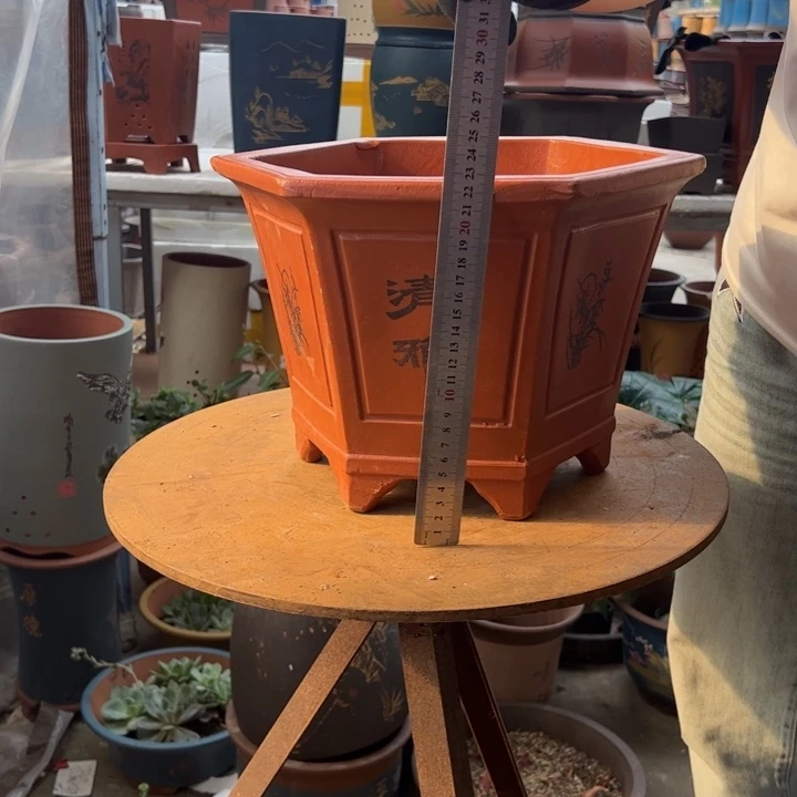 宜兴紫砂花盆花盆32红清雅六方