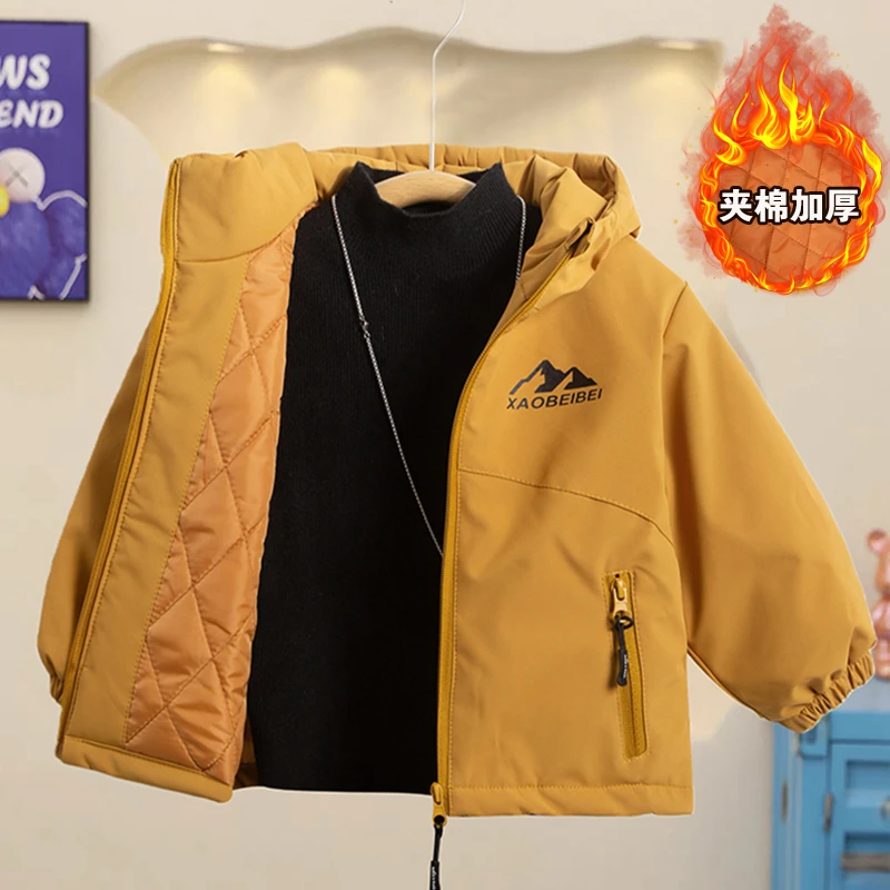 男童棉服外套春秋2025新款儿童男孩中小童连帽冲锋衣冬季加棉上衣