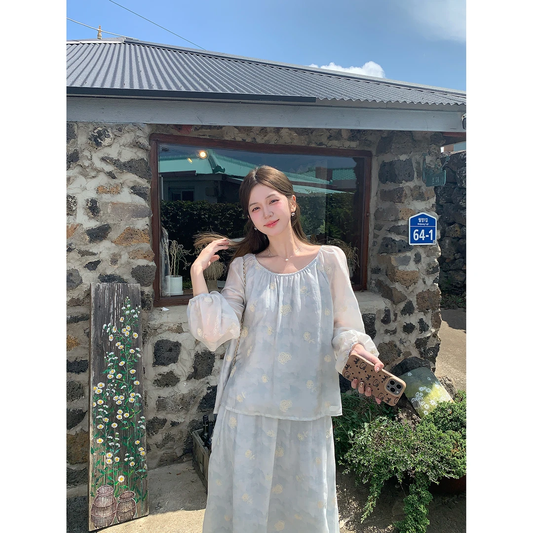 陳文文xenl【繁花兰香】新款气质温柔刺绣套装上衣半裙两件套女0145