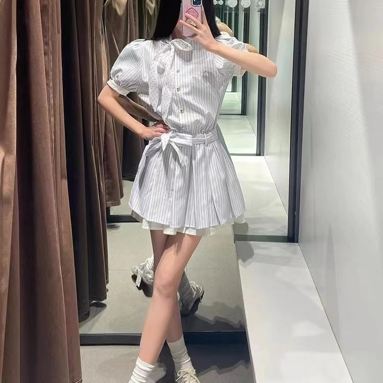 韩系甜美学院拼接撞色蝴蝶结条纹衬衫连衣裙夏季新款收腰显瘦短裙