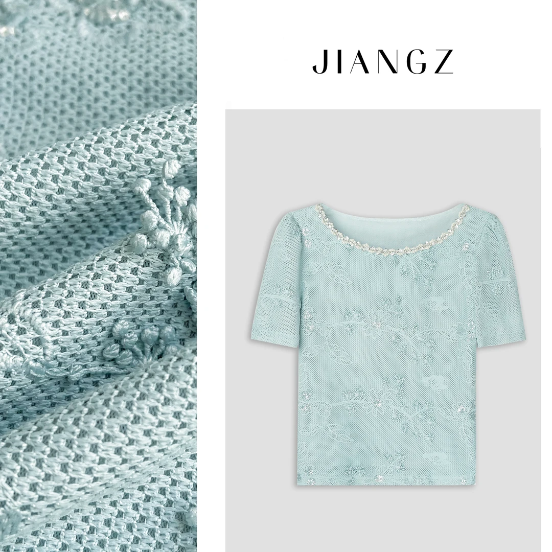【云上香草】时尚一字领钉钻立体绣花显瘦气质精致短袖上衣25TX1081