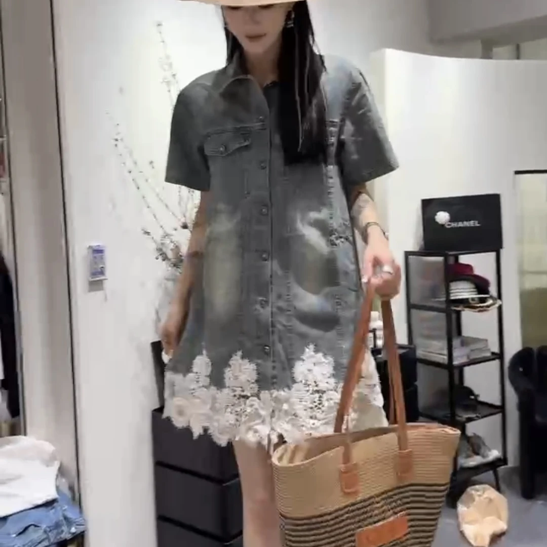 D6029蕾丝拼接短袖T牛仔连衣裙春夏新款遮肉宽松显瘦设计风格上衣
