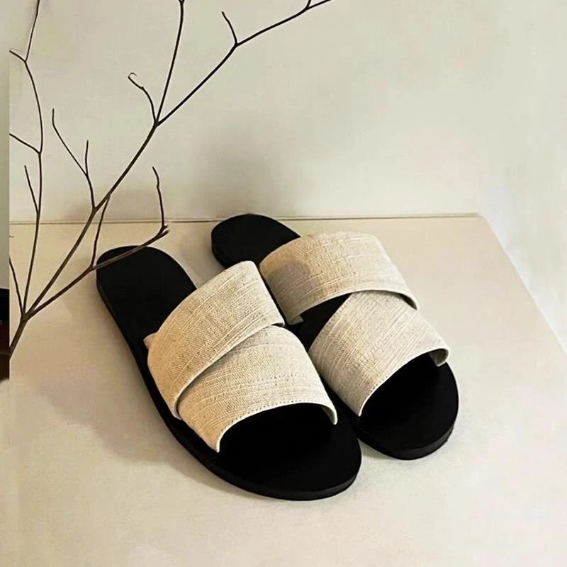 【澳门专柜正品】小众帆布一字宽带凉拖鞋女2025夏季新款露趾懒人拖