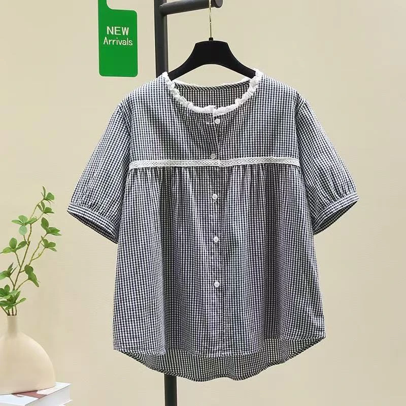 复古百搭花边圆领短袖格子衬衫女2025夏季新款宽松衬衣娃娃衫上衣