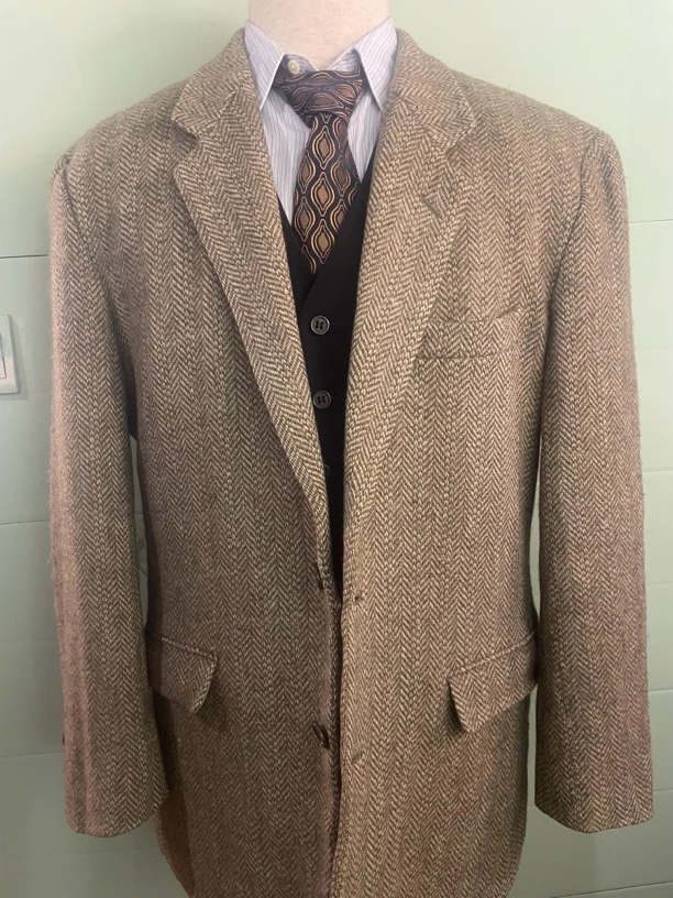 中古古着Vintage复古中长款双排扣西服大衣领带