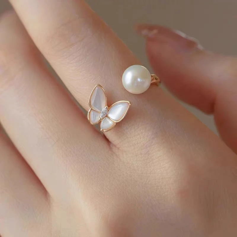 高版本淡水珍珠蝴蝶开口戒指2024新爆款高级感小众食指戒