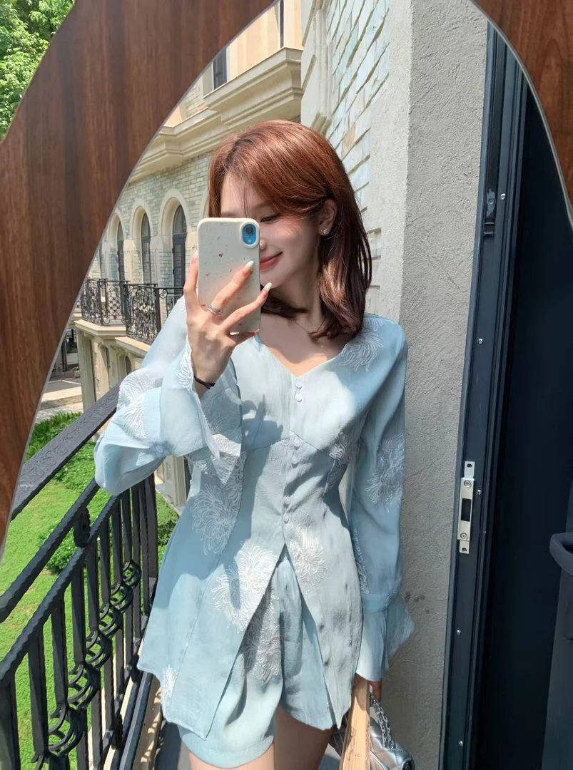 【芝士Cheese】盐湖云迹  长袖复古时尚秋款上衣+松紧腰短裤两件套