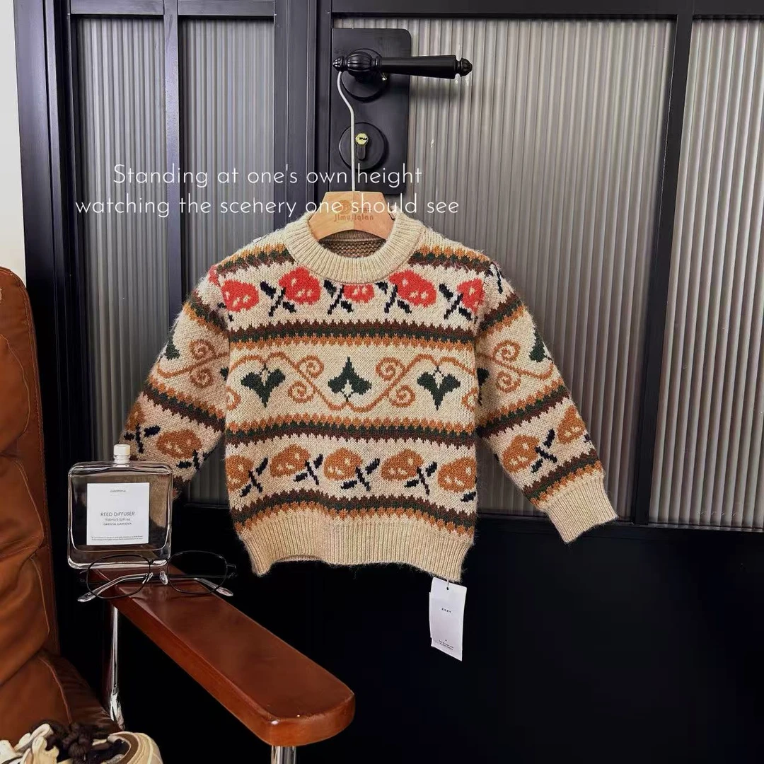 【单层加厚 23537】秋冬季儿童针织衫洋气双针织民族风套头毛衣