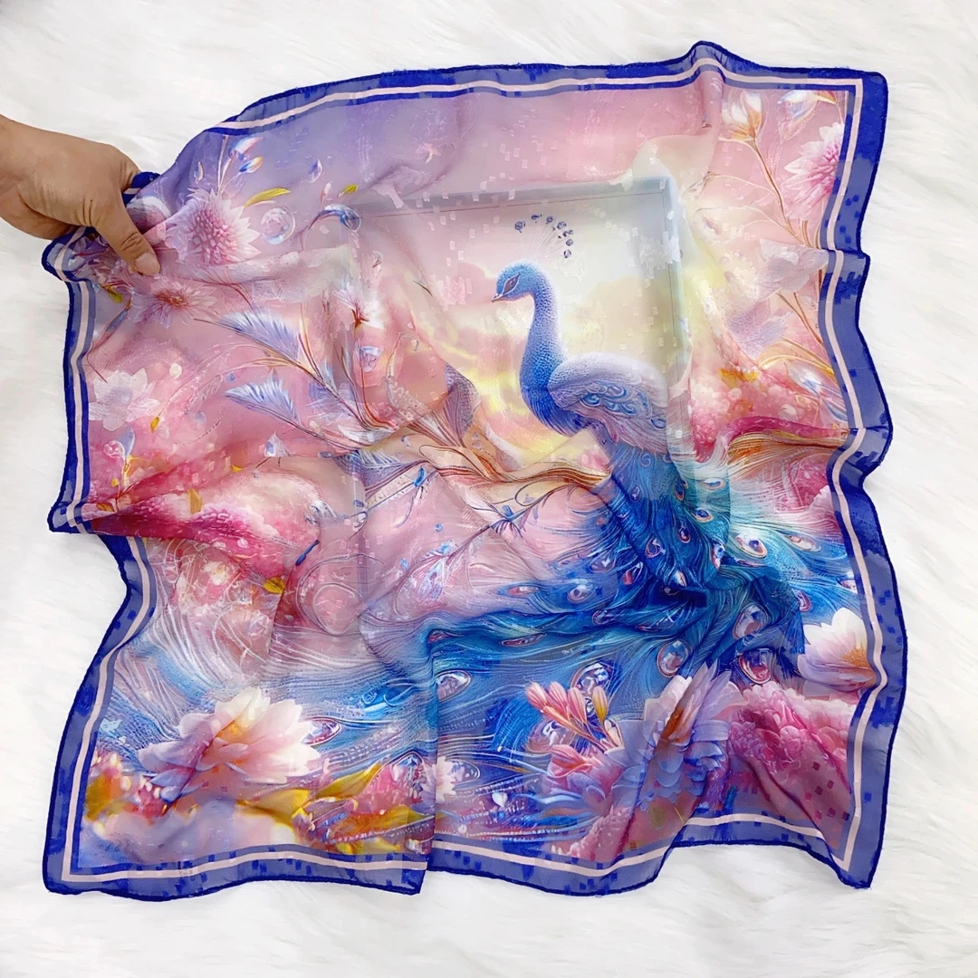 788紫雀开屏薯莨纱丝巾70*70方巾