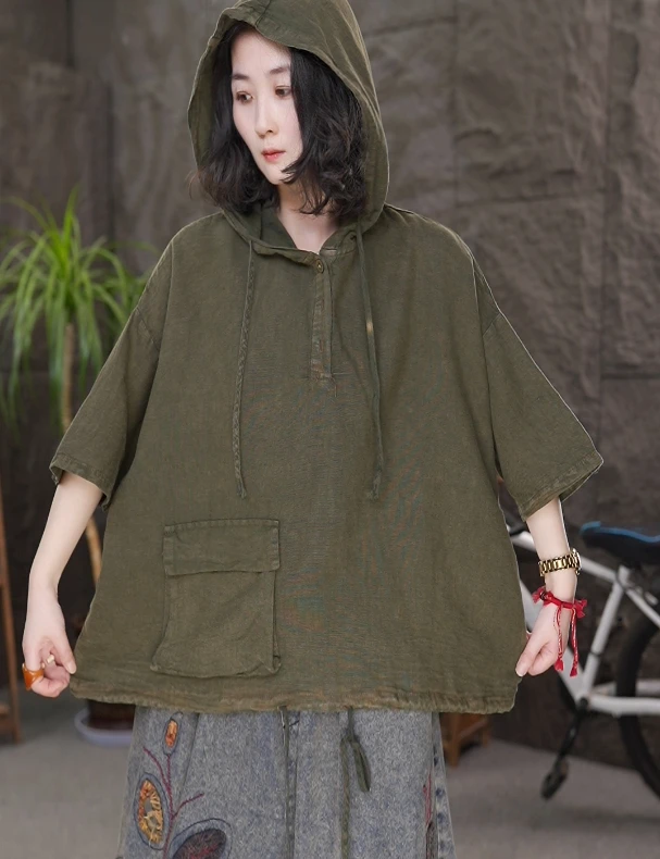 亚麻半袖女复古设计感小衫宽松大码微胖显瘦麻料上衣