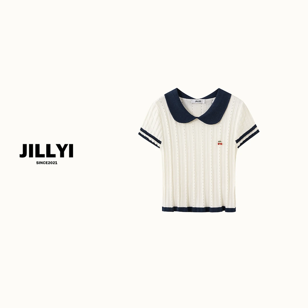 JILLYI南山店【学院穿搭】白色娃娃领夏季薄款三分袖气质百搭针织衫